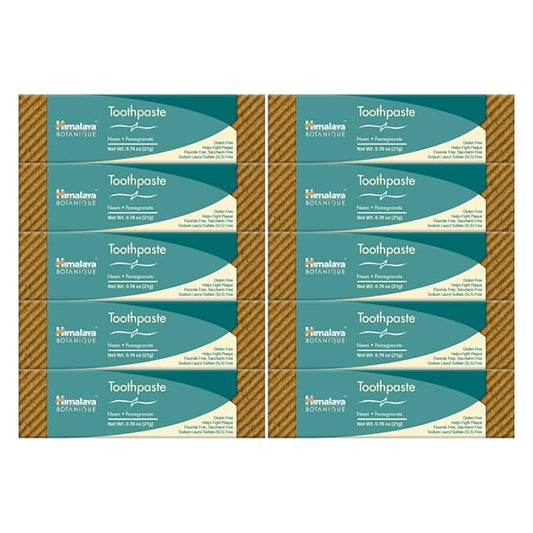 Himalaya Botanique Neem & Pomegranate Travel Toothpaste, Mint Flavor - Travel Size Fluoride Free Toothpaste Fights Plaque & for Fresh Breath - Vegan, Gluten Free, No SLS, 0.74 oz (Pack of 10)