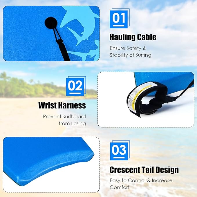 KOTEK 33/37/41 Inch Body Board with Wrist Leash, EPS Core, Dual Channel, HDPE Slick Bottom, Bodyboard for All Skill Levels & Wave Conditions-StrideForce Fitness