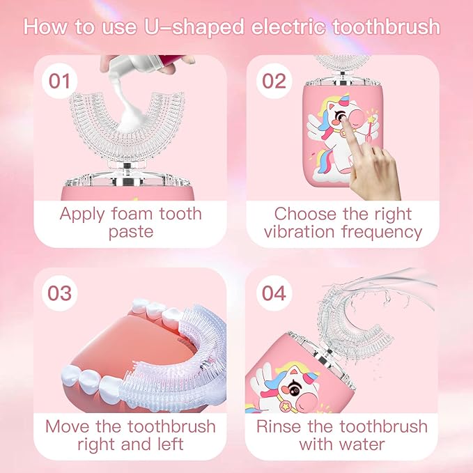 Kids Electric U Shaped Toothbrush Unicorn Rechargeable Sonic Toothbrush with 4 Soft Brush Heads with Kid Toothpaste IPX7 Waterproof - (Age 8-15, Pink)