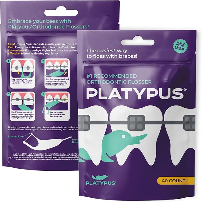 Platypus Orthodontic Flossers for Braces, 40 Count (Pack of 2), Ortho Picks for Adults & Kids, Fits Under Arch Wire, Non-Damaging, Encourage Flossing Habits