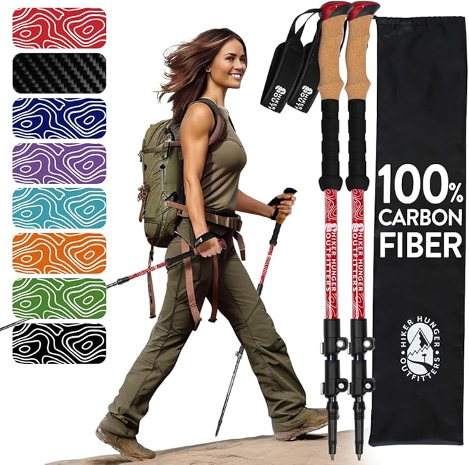 100% Carbon Fiber Trekking Poles by USA Brand - Ultra Strong Lightweight Collapsible Hiking Poles with Cork and EVA Foam Grips & Quick Adjustable Flip Locks-StrideForce Fitness