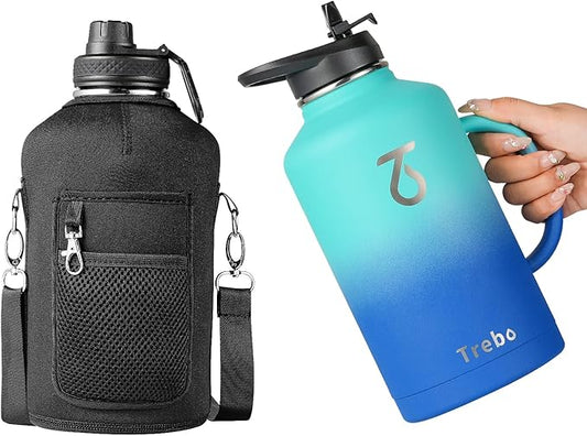 Trebo Half Gallon Water Bottle Insulated with Handle, 64 oz Double Wall Stainless Steel Metal Large Jug, Travel Flask with Straw Spout Lid, Mug Tumbler Cup with Carry Pouch, Keep Cold Hot, Blue-StrideForce Fitness