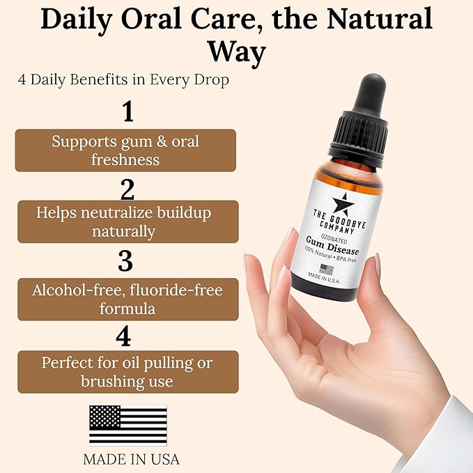 The Goodbye Company Ozonated Gum Treatment Oil – Home Remedy for Periodontal Disease & Gingivitis Relief – 100% Pure Clove & Neem Essential Oils for Healthy Gums, Soothes Pain & Stops Bleeding – 15 ml