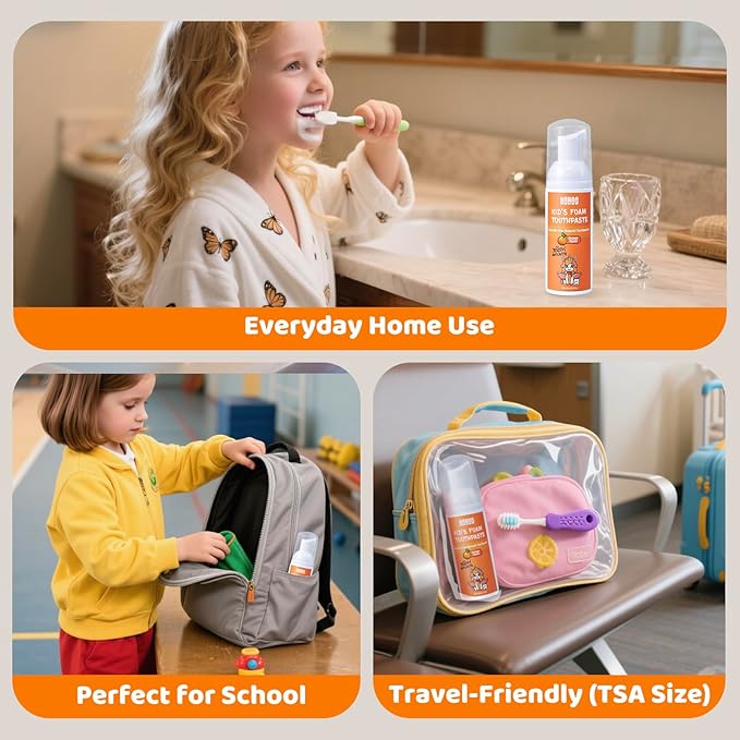 NOHOO Fluoride Free Foam Toothpaste Kids Fruit Flavour,Natural Training Toothpaste for Baby Toddler Children Oral Cleaning and Cavity Protection Strawberry Orange Cantaloupe Watermelon