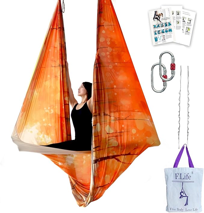 F.Life Aerial Yoga Hammock kit- Yoga Swing Multicolor 5 yards-Flying Yoga Include Daisy Chain,Carabiner and Pose Guide-StrideForce Fitness