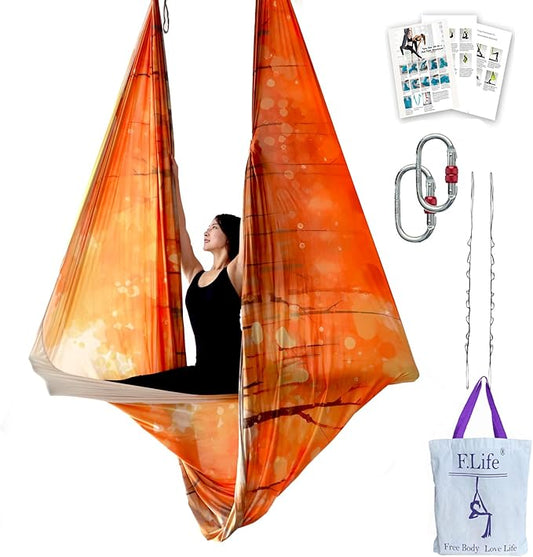 F.Life Aerial Yoga Hammock kit- Yoga Swing Multicolor 5 yards-Flying Yoga Include Daisy Chain,Carabiner and Pose Guide-StrideForce Fitness