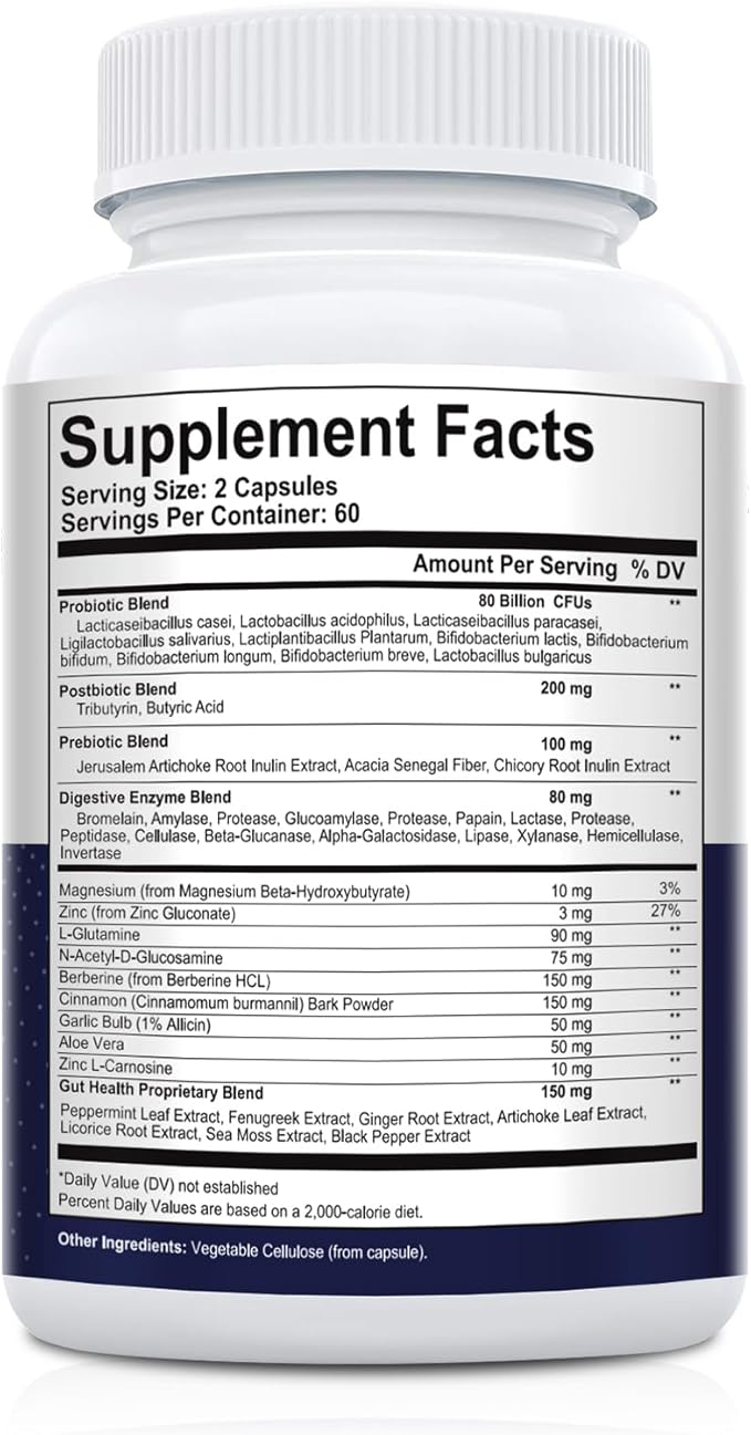 Probiotic Prebiotic, Postbiotic & Digestive Enzymes for Digestive Health, 80 Billion CFU Probiotics Complete Gut Support with Berberine, Cinnamon, L-Glutamine, for Men & Women, 120 Capsules-StrideForce Fitness