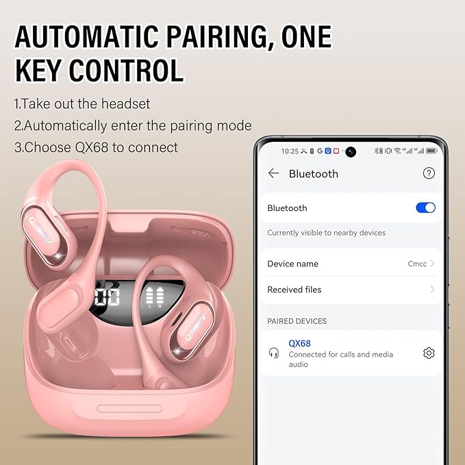 Open Ear Headphones, Bluetooth 5.4 Headphones Sports, Premium Sound with HD Mic Wireless Earbuds, 48H Playtime LED Power Display Ear Buds, IPX7 Lightweight Comfort Earphones for Running, Pink-StrideForce Fitness