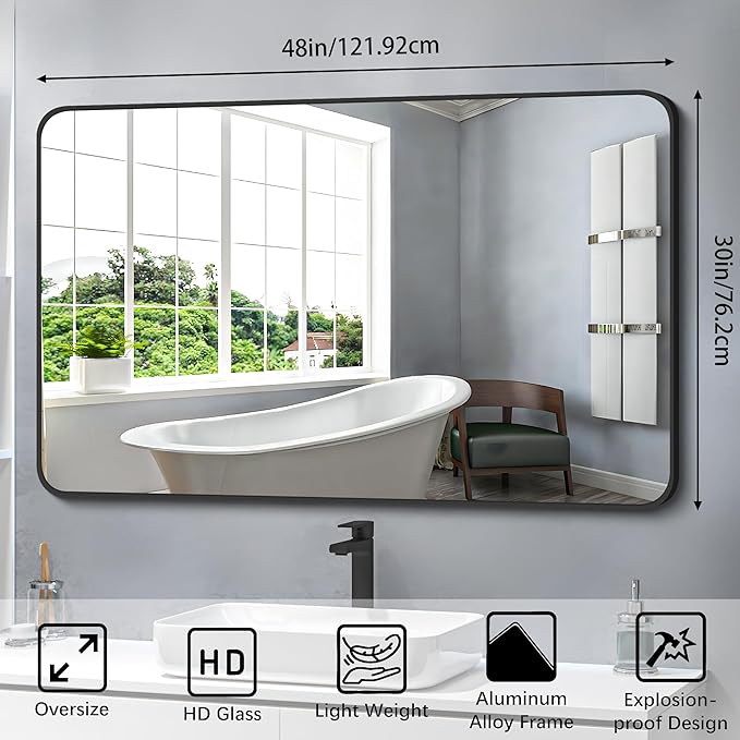 FORBATH Black Bathroom Mirror, Rectangular Vanity Mirror 30 x 48 Inch Wall Rounded Corner Metal Framed Bathroom Mirror for Living Room Bedroom Entryway Decor (Horizontal/Vertical)-StrideForce Fitness