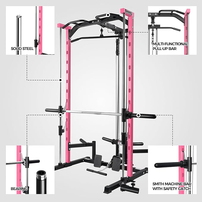 RitFit Smith Machine Power Rack with LAT-Pull Down System, Landmine, Barbell Bar, Plate Storage Pegs and More Training Attachment-StrideForce Fitness