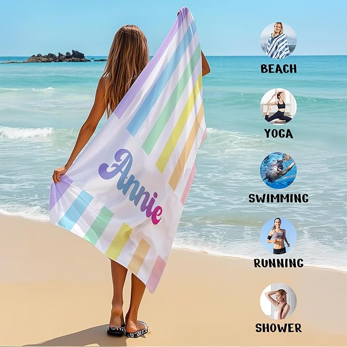 JML Personalized Beach Towel with Name, Custom Rainbow Cabana Stripe Beach Towel, Customized Microfiber Pool Towel, Quick Dry & Absorbent Swim Towel for Adult,Anniversary, Birthday, Summer Holiday-StrideForce Fitness