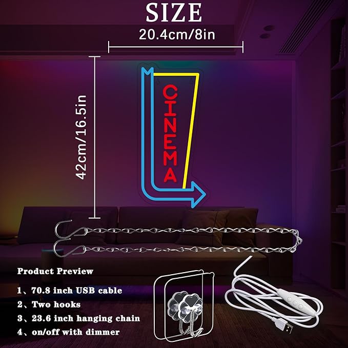Cinema Neon Sign Arrow Neon Light for Wall Decor Movie Theater Led Neon Signs Movie Led Neon Lights for Home Theater Film Room Commercial Theater Store Decoration-StrideForce Fitness
