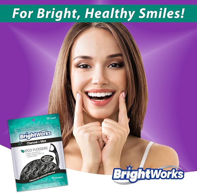 Brightworks ECO Sustainable Floss Picks - 225 Count - PFAS Free - Made in USA Charcoal + Mint Infused 100% Post-Consumer Recycled Plastic with Micro-Crystals for Oral Care Hygiene Gum Health