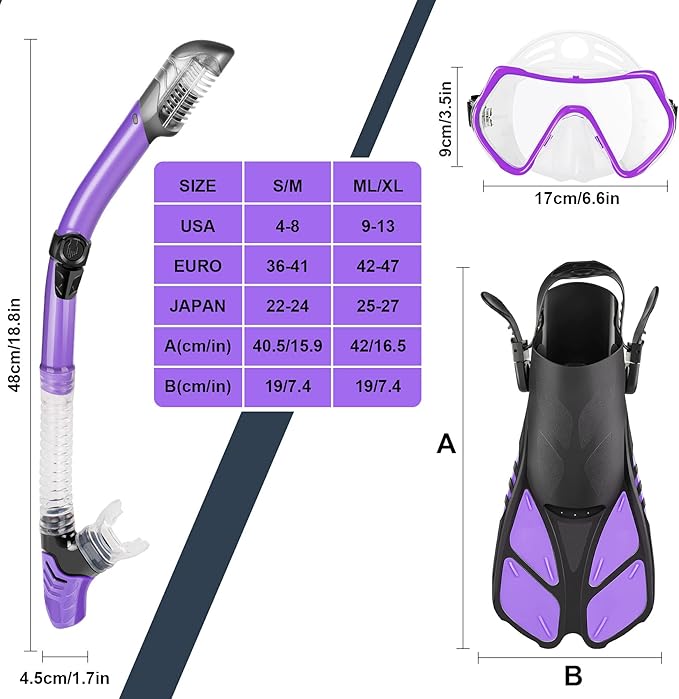 ZEEPORTE Mask Fin Snorkel Set, Travel Size Snorkeling Gear for Adults with Panoramic View Anti-Fog Mask, Trek Fins, Dry Top Snorkel and Gear Bag for Swimming Training, Snorkeling Kit Diving Packages-StrideForce Fitness