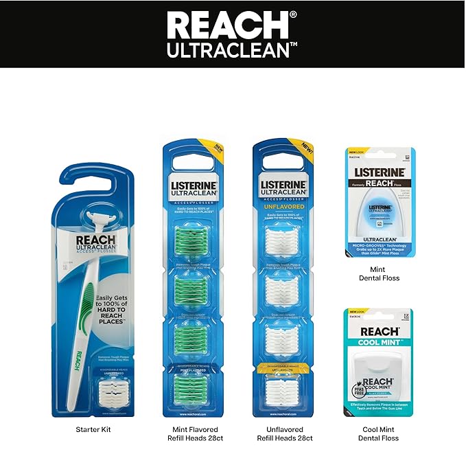 Reach Ultraclean Access Flosser Bundle, Mint, Plaque Remover for Teeth, for Hard to Reach Areas, Oral Care, PFAS-Free, 1 Flosser Starter Kit + 3 Packs Refill Heads