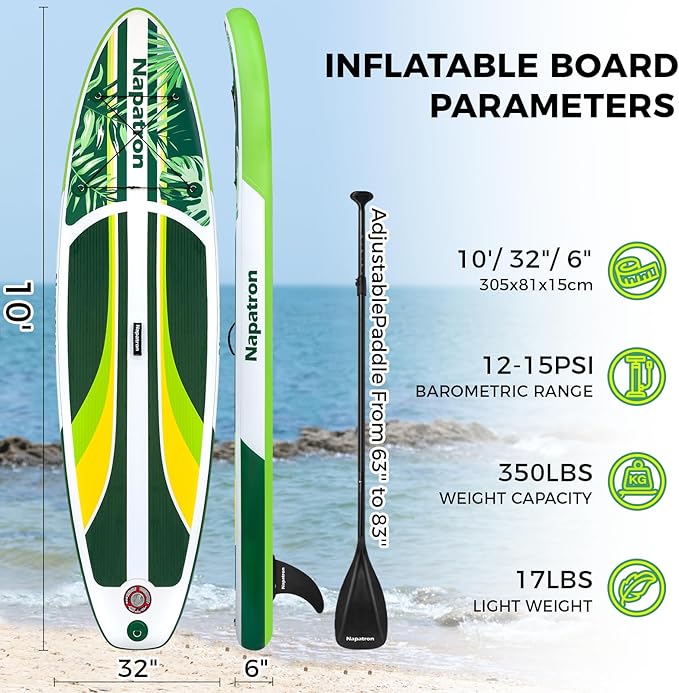 Napatron Family Inflatable Stand Up Paddle Board, Sup,Stable Wide Design,350LBS Capacity,Complete Paddle Board Package with Fast Action Pump,Leash,Ideal for Beginners/Youth & AllSkill Levels-StrideForce Fitness
