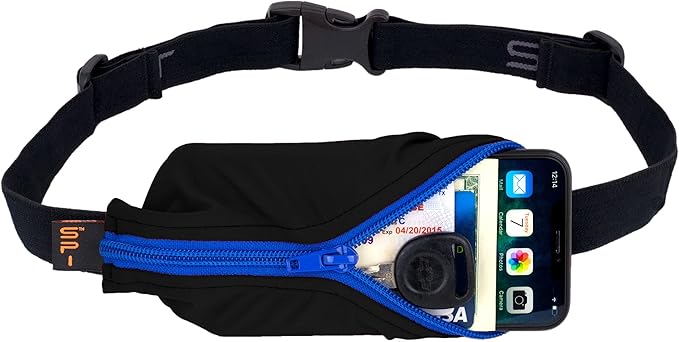 SPIbelt Running Belt for Women Men, Phone Holder for Running, Running Fanny Pack, Holder for Phone, Running Waist Pack, Adjustable Waist, [Fits All Phones]. Black with Blue Zipper-StrideForce Fitness