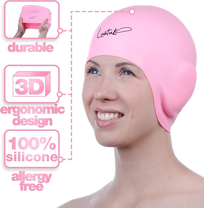3D Swim Caps - Ear Protection Swimming Cap for Women & Men - Silicone, Waterproof - Fits Long & Short Hair - Adult & Youth-StrideForce Fitness