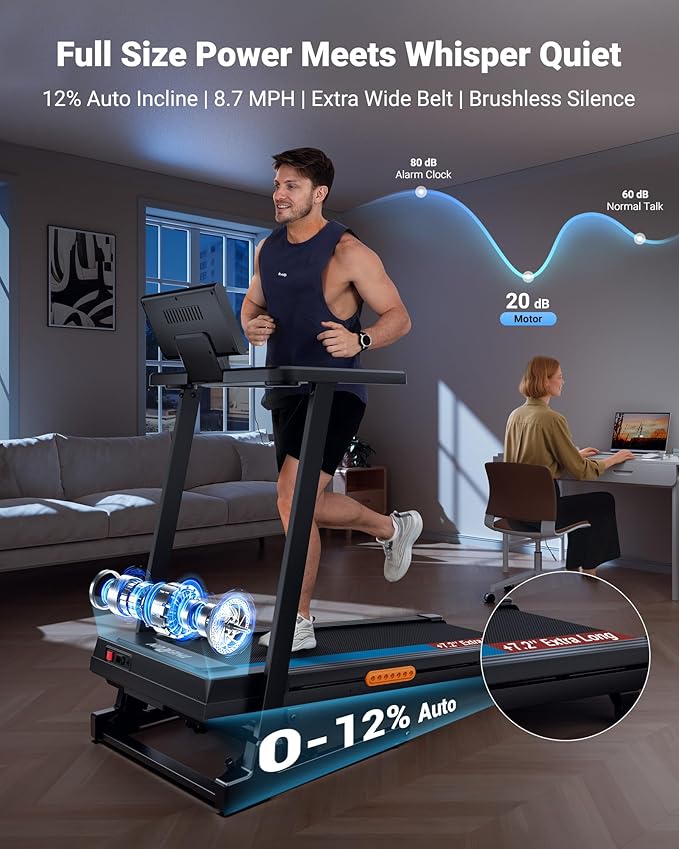 THERUN Treadmill with Incline, 3.0 HP Foldable Treadmills for Home, Brushless Motor Auto Incline Treadmill, 12 Level Adjustable, 300 LBS Capacity, Quiet Running-StrideForce Fitness