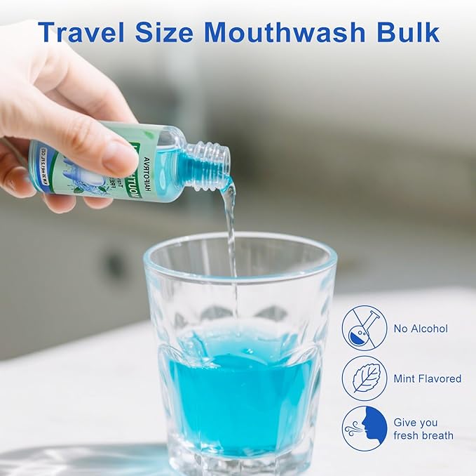 50 Pcs Mini Mouthwash Travel Size Bulk,Blue Portable Mint Flavor Mini Mouthwash Individual 35ml/1.2oz On The Go Mouth Wash Small Bottle for Travel,Office,Toiletry Kits