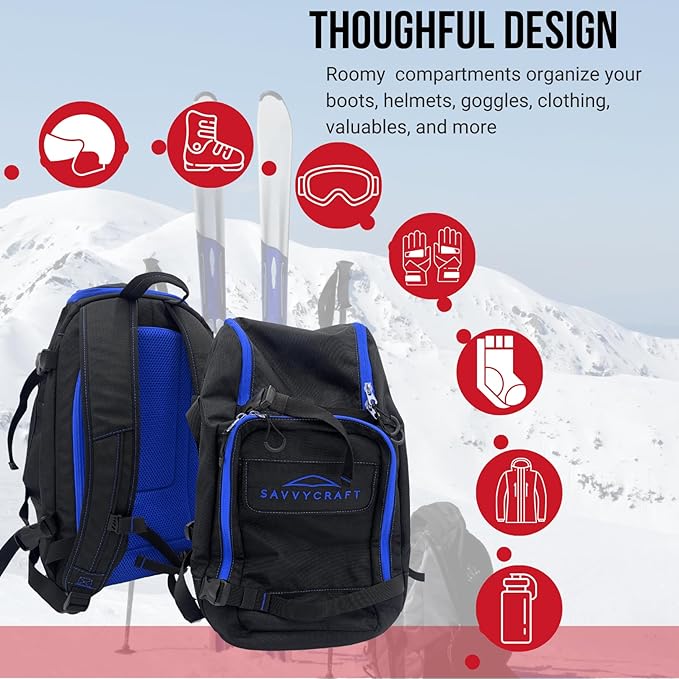 Savvycraft Ski Boot Bag, 50L Ski Backpack for Ski and Snowboard Boots, Helmets, Gloves, and Accessories, Lightweight Durable Convenient, Blue-StrideForce Fitness