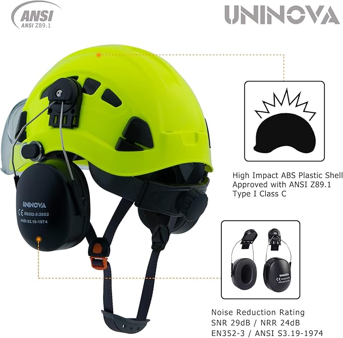 UNINOVA Arborist Helmet Forestry Helmet Chainsaw Helmet with Visor and Earmuffs,OSHA Safety Hard Hat Helmet for Logging Trimming Mowing Climbing Tree Service Garden Work-StrideForce Fitness