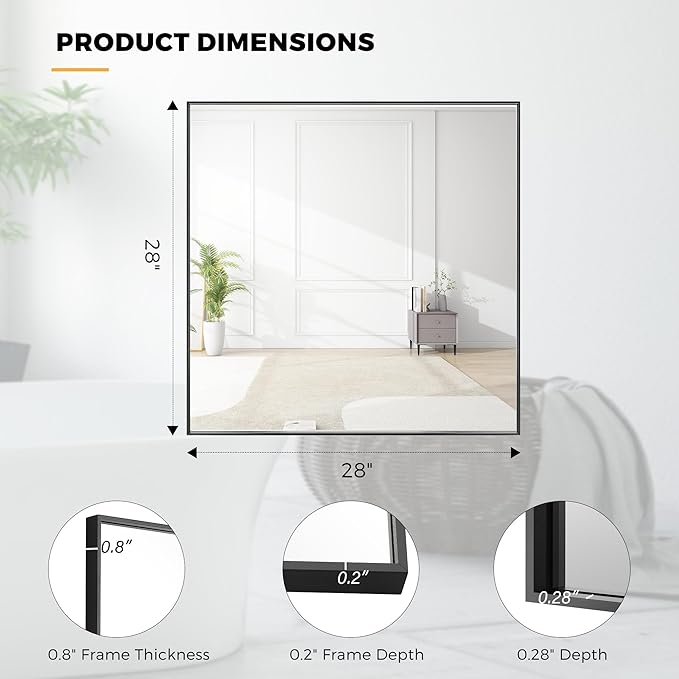 28x28 Inch Black Bathroom Mirror for Wall, Aluminum Frame Rectangle Rectangular Vanity Mirror, Modern Large for Bedroom, Living Room, Horizontal or Vertical-StrideForce Fitness