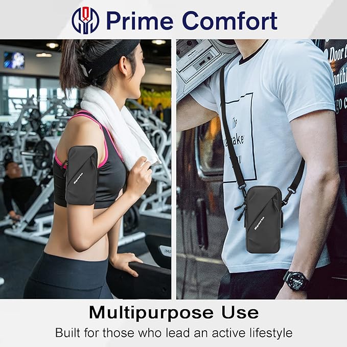 Phone Holder Arm Band, Small Crossbody Shoulder Holsters Bag with Arm Bands, Fits iPhone and Android, Use for Running, Walking, Hiking & Biking (6.7 Inches, Black)-StrideForce Fitness
