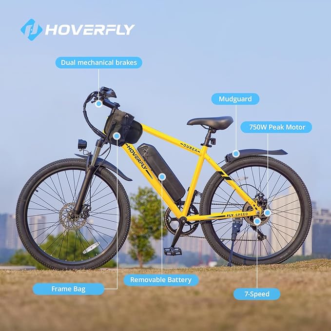 HOVERFLY OUREA 26" Electric Bike for Adults, 750W Peak Motor Mountain Ebike, 20MPH Up to 40 Miles, UL2849 Certified, 7-Speed, Removable Battery, Shock Absorber, Fat Tire Commuter E-Bike-StrideForce Fitness
