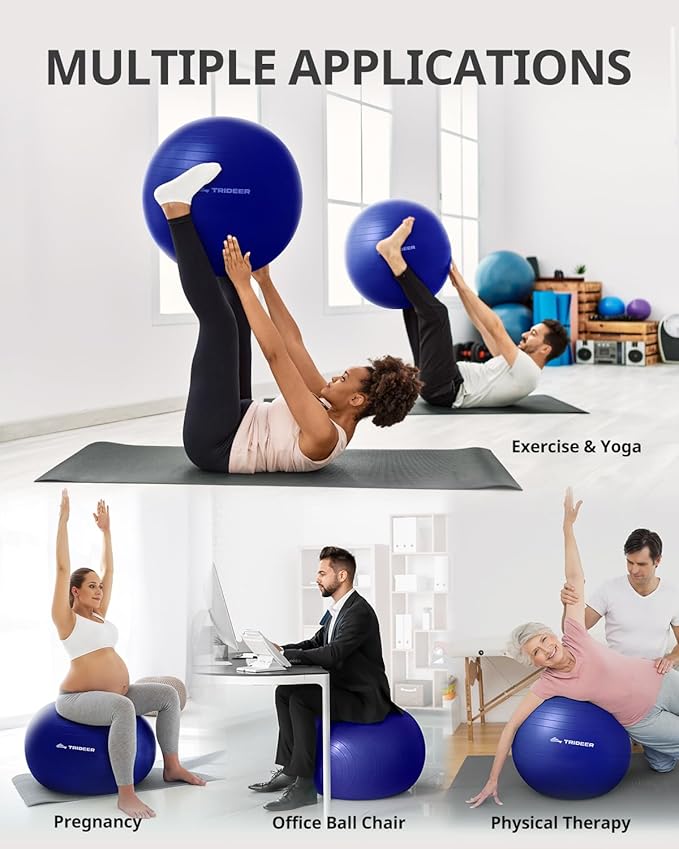 Trideer Extra Thick Yoga Ball Exercise Ball, 5 Sizes Gym Ball, Heavy Duty Ball Chair for Balance, Stability, Pregnancy, Quick Pump Included-StrideForce Fitness
