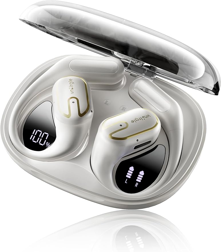 Open Ear Headphones 5.4 Bluetooth Sport Ear Buds with LED Digital Display IPX7 Waterproof, Wireless Earbuds Touch Control Air Conduction Stereo Sound with 18.2mm Drivers (Off White)-StrideForce Fitness