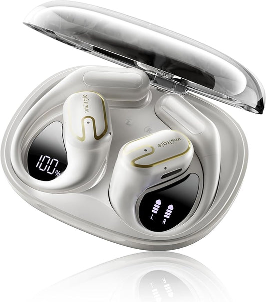 Open Ear Headphones 5.4 Bluetooth Sport Ear Buds with LED Digital Display IPX7 Waterproof, Wireless Earbuds Touch Control Air Conduction Stereo Sound with 18.2mm Drivers (Off White)-StrideForce Fitness