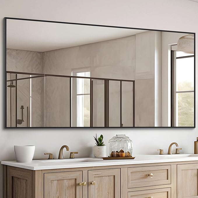 Black Bathroom Mirror for Wall, 30x55 Inch Rectangle Mirrors with Metal Frame, Modern Vanity Wall Mirror Decor for Entryway Hangs, Bathroom Living Room Horizontal or Vertical-StrideForce Fitness