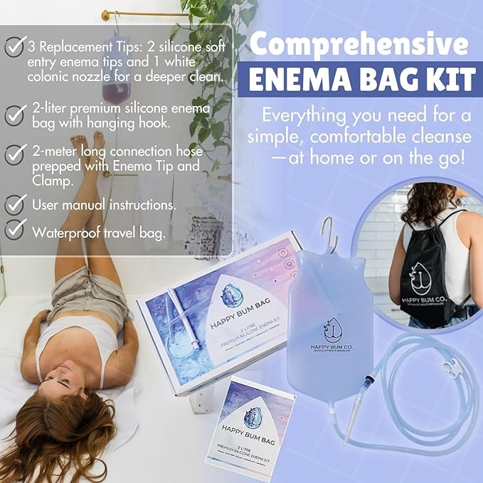 Happy Bum Bag Enema Kit | 6.5ft Silicone Hose, 2L Non-Toxic Silicone Enema Bag with 3 Replacement Tips | Reusable Coffee Enema Kit Suitable for Water & Coffee Enemas for Colon Cleanse for Women & Men-StrideForce Fitness