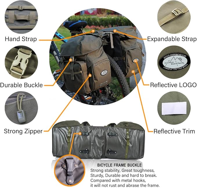 Dreamoon 50L Bike Panniers, Waterproof Bicycle Commuting Bag Saddle Bags with Rain Cover, Bike Rear Seat Bag Carrier with Reflective Trim, Cycling Organizer for Width Less Than 6.3 inches Rack (Green)-StrideForce Fitness