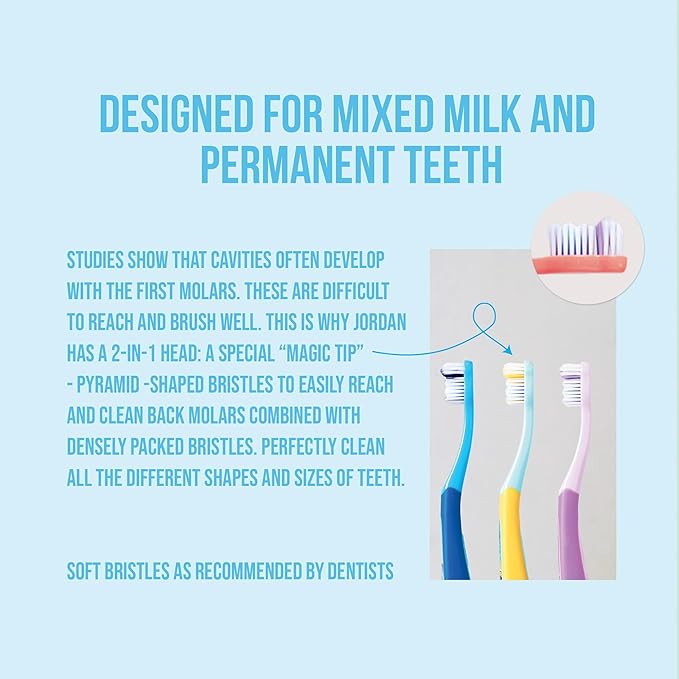 Jordan* Kids Toothbrush | 6-9 Years, Soft Bristles, BPA Free | 4 Pack | Blue & Pink Step 3