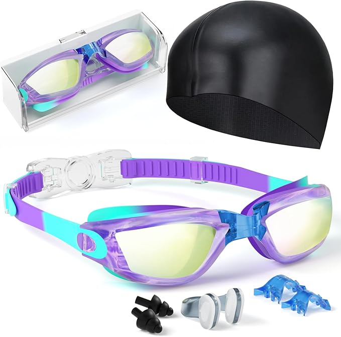 Kids Swim Goggles, Swimming Goggles for Kids Toddlers 3-14 with Swim Cap, Nose Clip, Nose Bridge, Ear Plugs-StrideForce Fitness