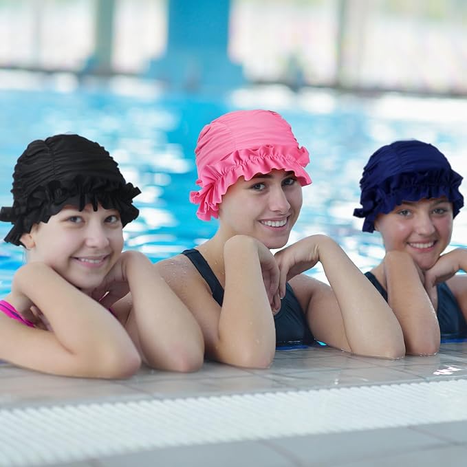Soulchen 3 Pcs Swim Cap Women Adult with Ruffled Edges Nylon Cloth Swimming Cap for Women Bathing Hats Swim Turban Waterproof Swimming Hat-StrideForce Fitness