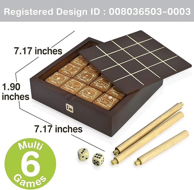 Super SIX : Wooden Multi Board Game: Tic Tac Toe + Shut The Block + 15 Number Sliding Puzzles for Kids and Family-StrideForce Fitness