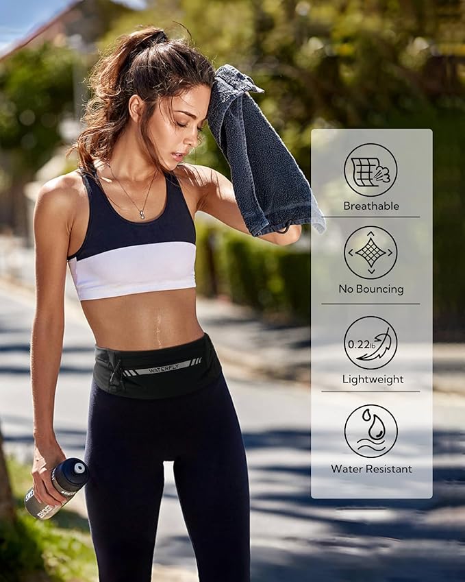 WATERFLY Running Belt Fanny Pack: Slim Breathable 4 Pocket Waist Bag for Men Women Sport Workout Exercise Fitness Phone Holder - Runner Marathon Jogging Waistband Fits ALL Phones Black-StrideForce Fitness