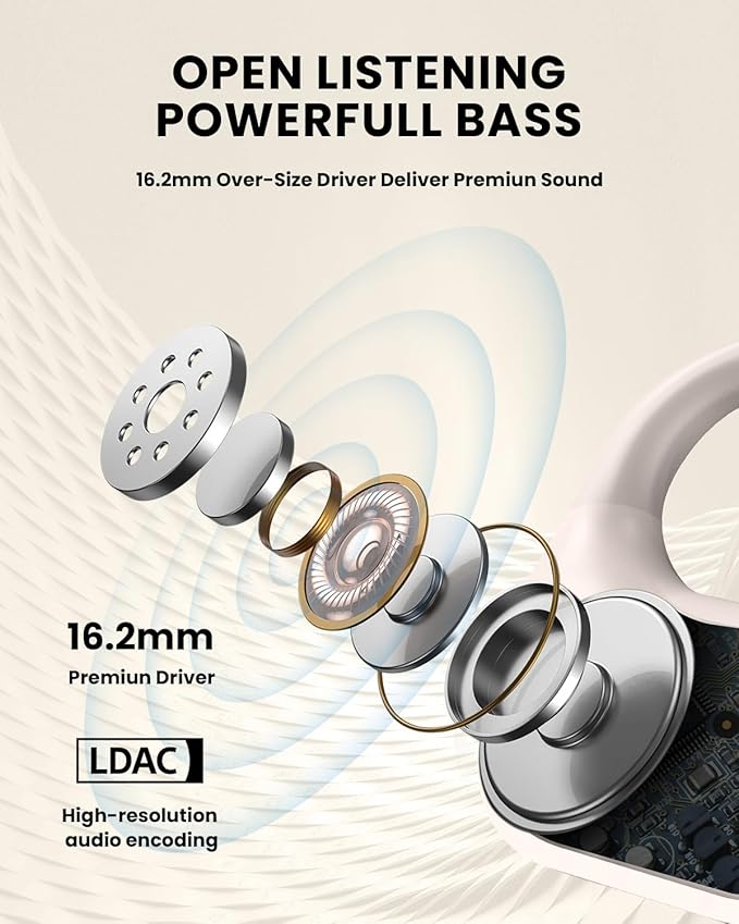 Open Ear Headphones,Wireless Bluetooth 5.3 Air Conduction Open Earbuds,Comfort & Secure Fit ,Powerful Bass,Clear Calls,30H Playback,Light Weight Sports Headsets with Ear-Hook for Workout,Running,Beige-StrideForce Fitness