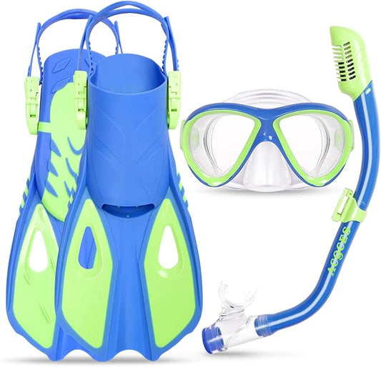 Kids Mask Fins Snorkel Set, Dry Top Snorkeling Gear for Kids Youth Boys Girls Junior Age 5-15 Tempered Glass Snorkel Mask Set Panoramic View Snorkeling Packages-StrideForce Fitness