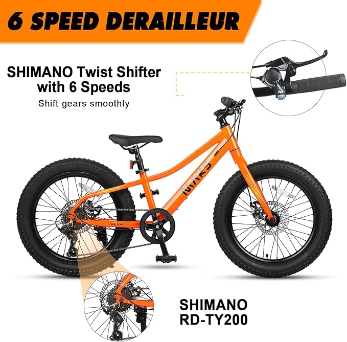 Glerc Mars Kids Mountain Bike, 20 24 Inch Fat Tire Bike for Teen Ages 6-14 Year Old, Bicycle with 2.8-Inch Wide Tires and 6 Speed Drivetrain, Multiple Colors-StrideForce Fitness