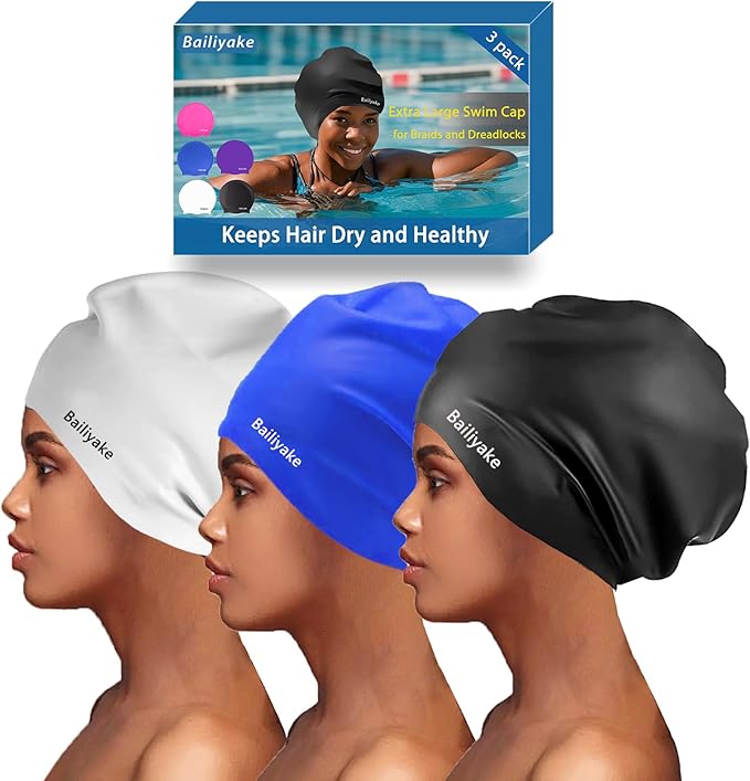 3 Pack Extra Large Swim Cap for Braids & Dreadlocks - Waterproof Silicone Swim Hat for Women with Long Thick Hair, Protective Swim Cap Cover Ears for Swimming, Shower, Bathing-StrideForce Fitness