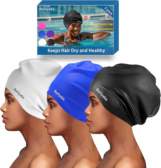 3 Pack Extra Large Swim Cap for Braids & Dreadlocks - Waterproof Silicone Swim Hat for Women with Long Thick Hair, Protective Swim Cap Cover Ears for Swimming, Shower, Bathing-StrideForce Fitness