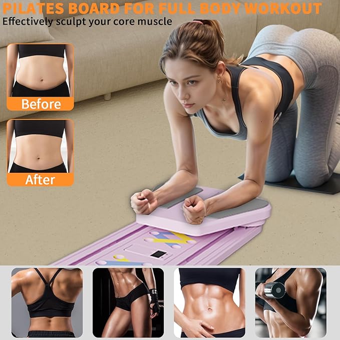 Pilates Reformer Board, 6 in 1 Portable & Foldable Pilates Reformer Set with Resistance Bands, Pilates Board for Home Workout, Multifunctional Abdominal Board-StrideForce Fitness