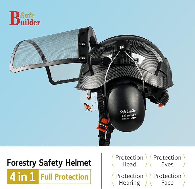 Forestry Safety Helmet with Build-in Visor Mesh Face Shield Ear Muffs 4 in 1 Chainsaw Safety Hard Hats-StrideForce Fitness