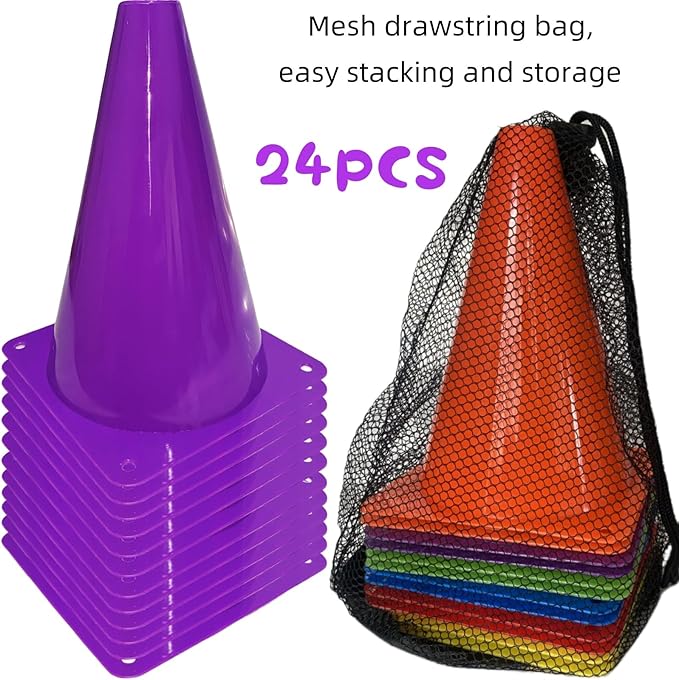 24 Pcs 7 Inch Plastic Traffic Cones, Basketball Football Drills, Skating, Sport Training Agility Markers, Indoor Outdoor Games, Multicolor-StrideForce Fitness