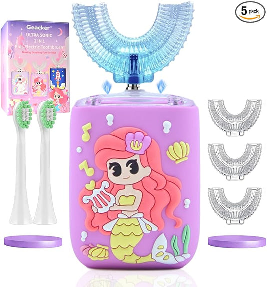 Kids Electric Toothbrush, U Shaped Toothbrush Kids Sonic Automatic Brush with 5 Brush Head 6 Sonic Clean Modes IPX7 Waterproof Mermaid Design Rechargeable Smart Timer for Children 2-7
