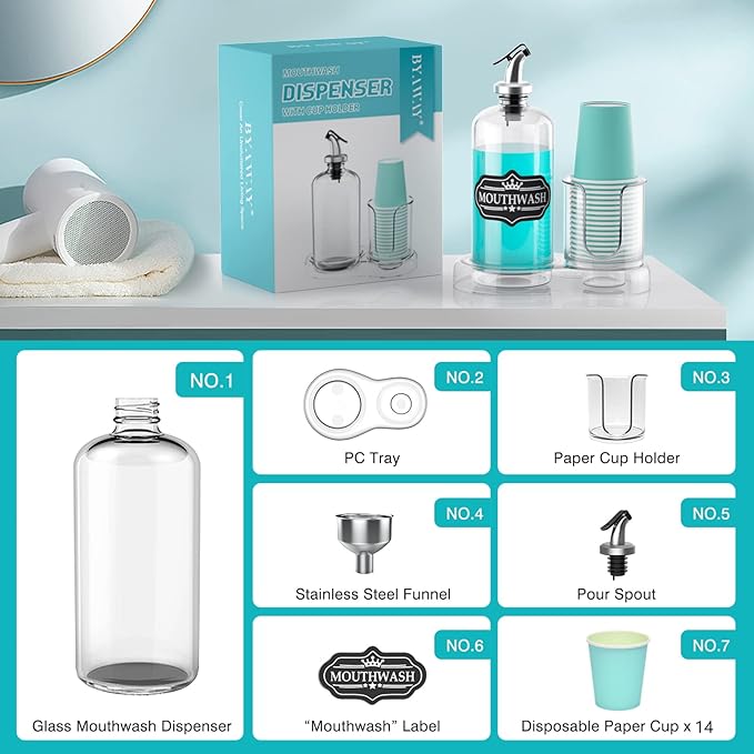 Mouthwash Dispenser for Bathroom with Cup Holder Detachable Glass Mouthwash Container 16 Oz,Refillable Mouth Washer Dispenser for Countertop